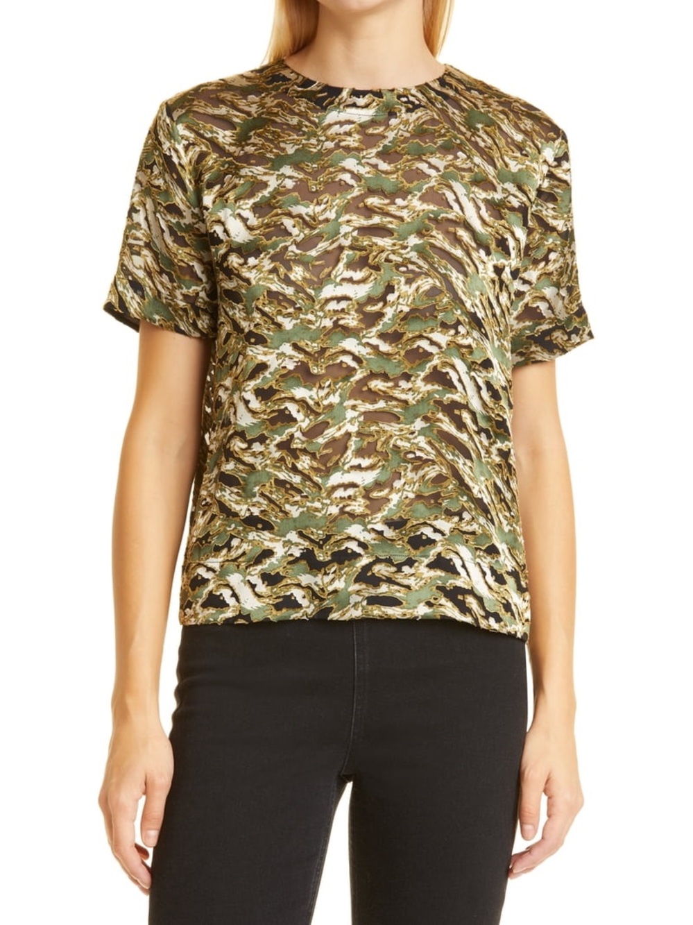 Rag & Bone Women's Green Gia Burnout Camo Sheer Silk Top Size S